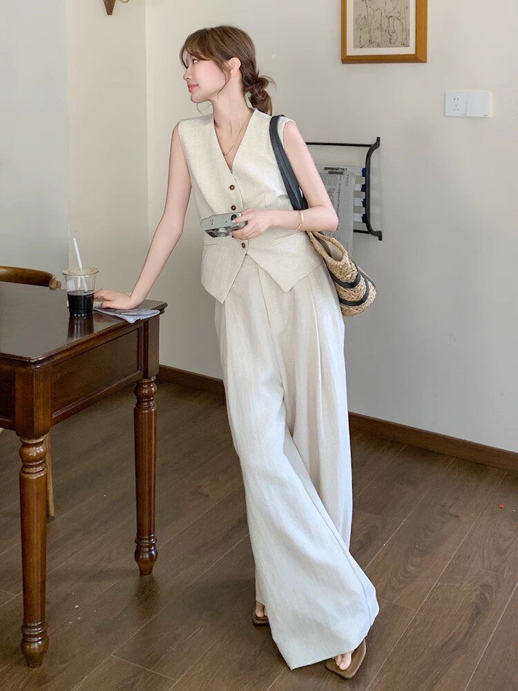 V-Neck Linen Vest / Wide Pants QAZ0091