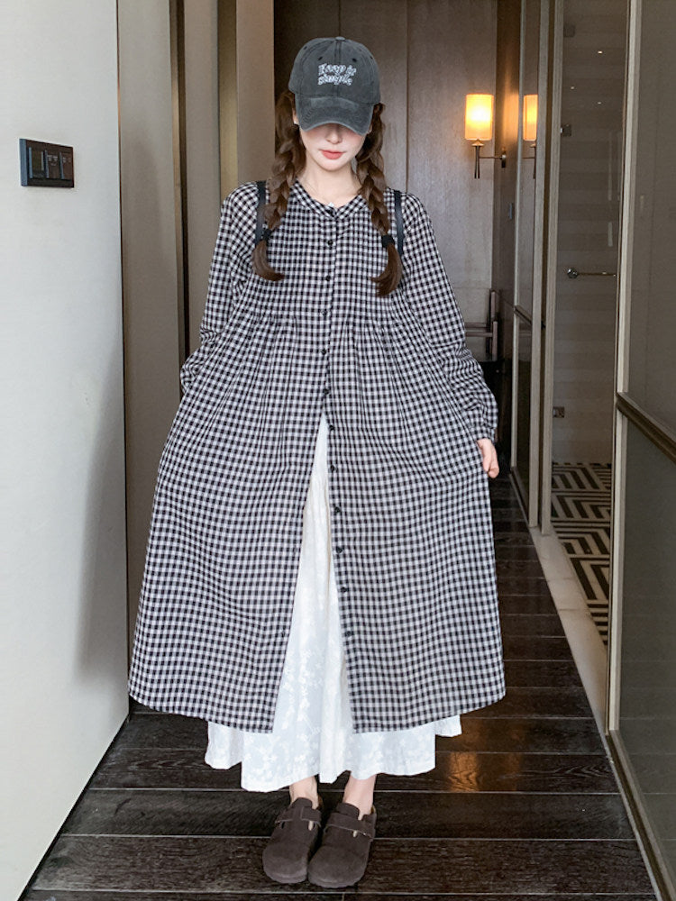 Gingham Check Shirt Dress / White Long Skirt QAZ0024
