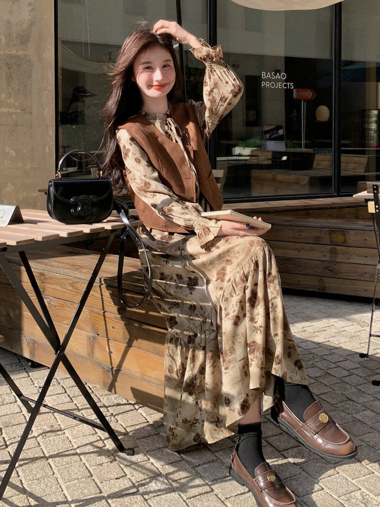 Retro Floral Long Dress / Suede Style Vest QAZ0053