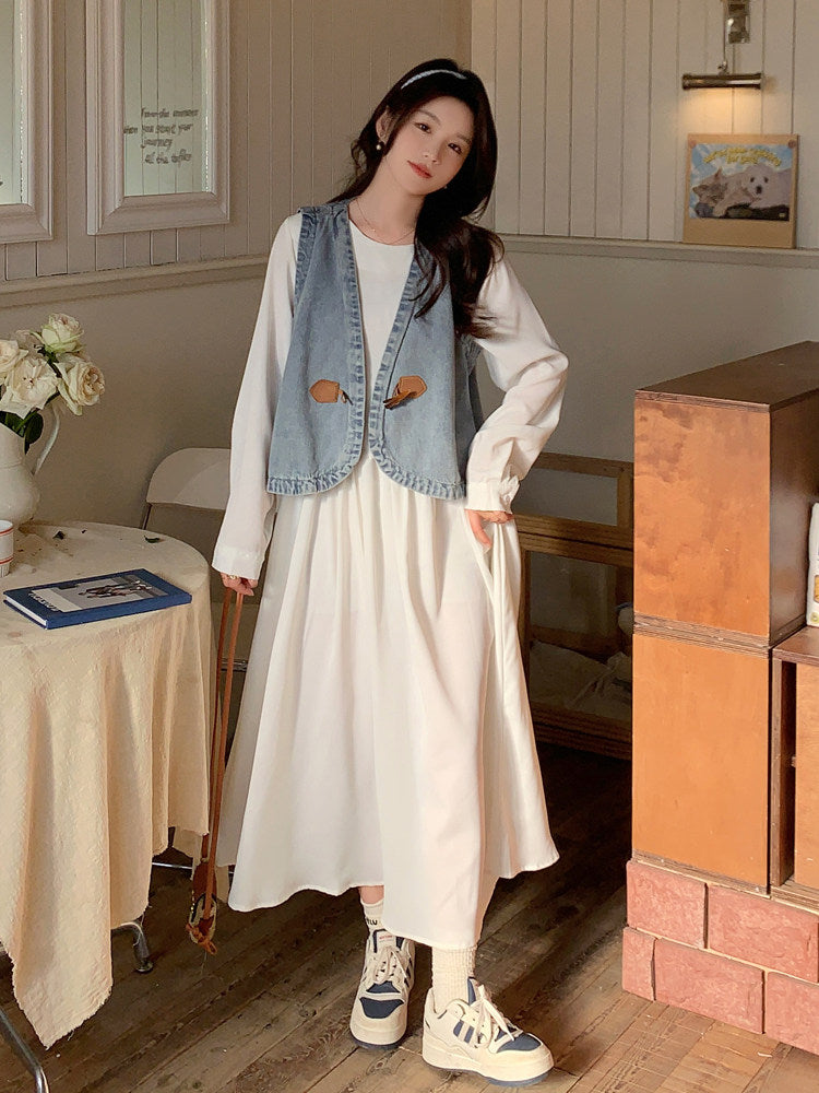 Long-Sleeve Dress / Toggle Button Denim Vest QAZ0049
