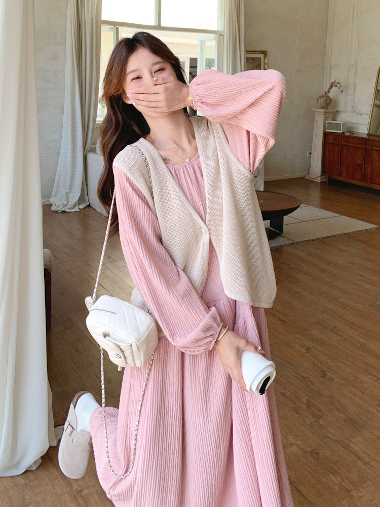 Puff Sleeve Long Dress / Beige Vest QAZ0025
