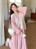 Puff Sleeve Long Dress / Beige Vest QAZ0025