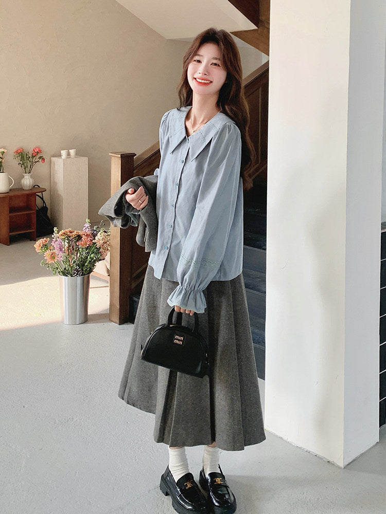 Classic Ribbon Vest / Pleated Skirt / Puff Sleeve Blouse QAZ0051