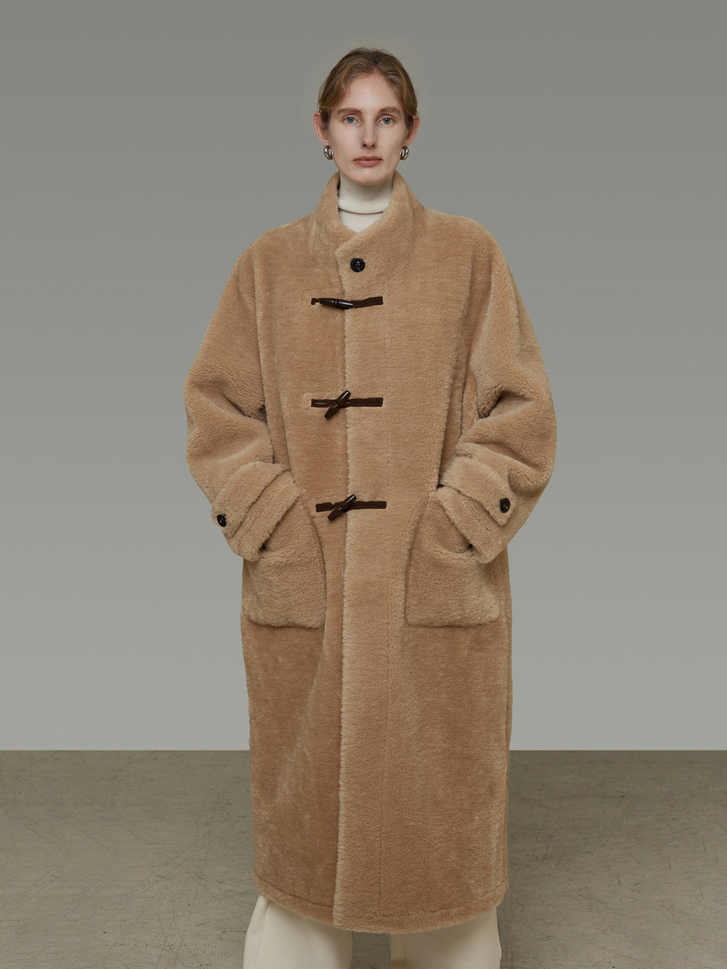 Stand Collar Toggle Fur Coat UNS0002
