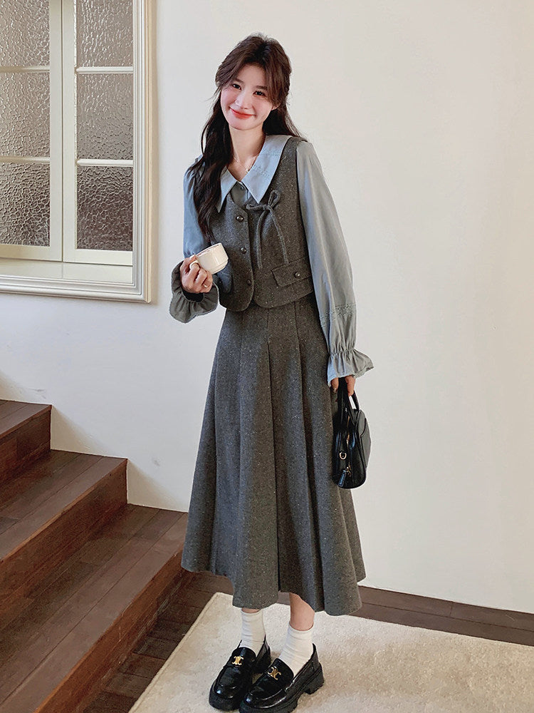 Classic Ribbon Vest / Pleated Skirt / Puff Sleeve Blouse QAZ0051