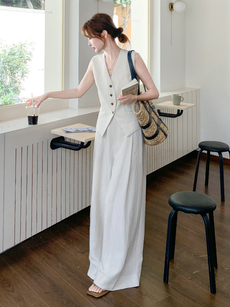 V-Neck Linen Vest / Wide Pants QAZ0091
