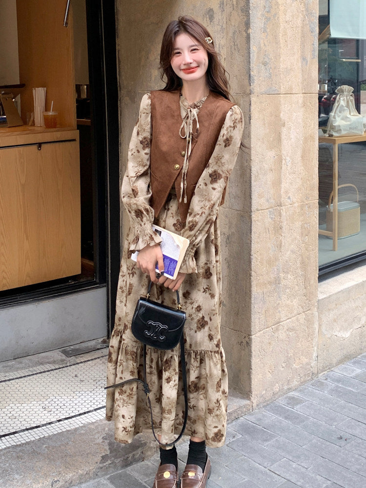 Retro Floral Long Dress / Suede Style Vest QAZ0053