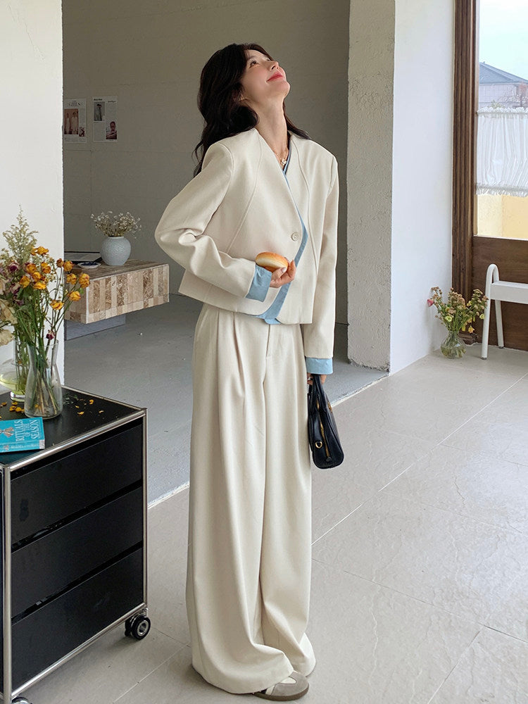 Beige Layered-Style Jacket / Wide-Leg Pants QAZ0010