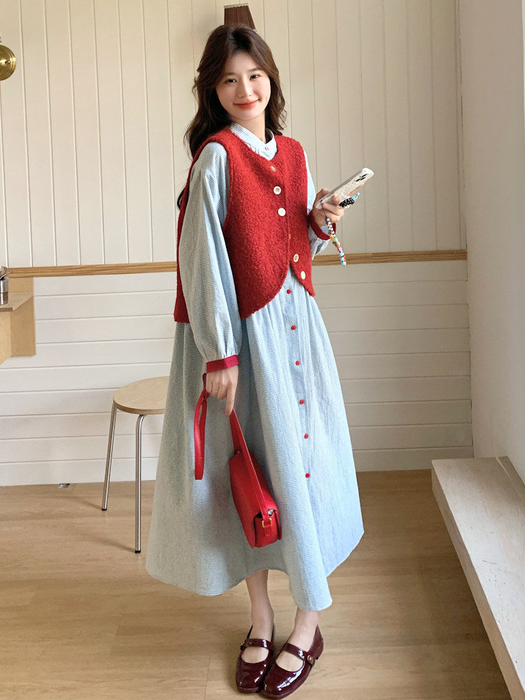 Red Vest / Layered Over Plaid Shirt Dress QAZ0005