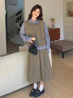 Tweed Vest / Tweed Long Skirt / Striped Shirt QAZ0080