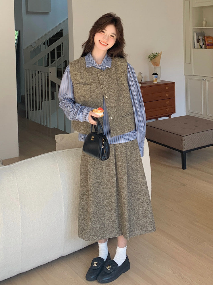 Tweed Vest / Tweed Long Skirt / Striped Shirt QAZ0080