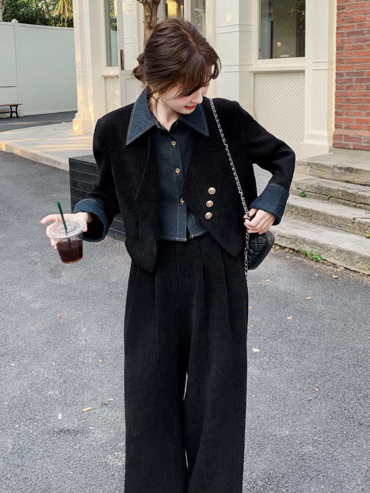Denim Shirt Layered Style Jacket / Wide Pants QAZ0088