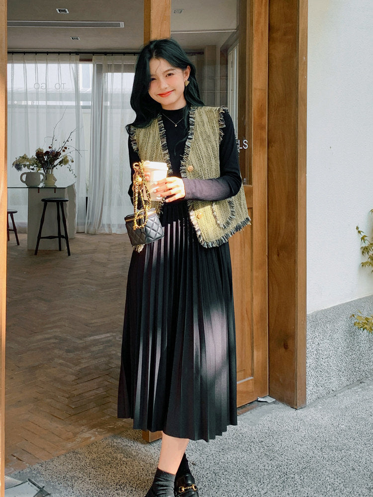 Mock Neck Dress / Tweed Gilet Tweed Vest QAZ0007