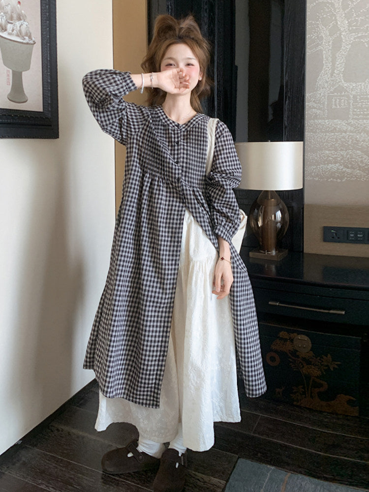 Gingham Check Shirt Dress / White Long Skirt QAZ0024