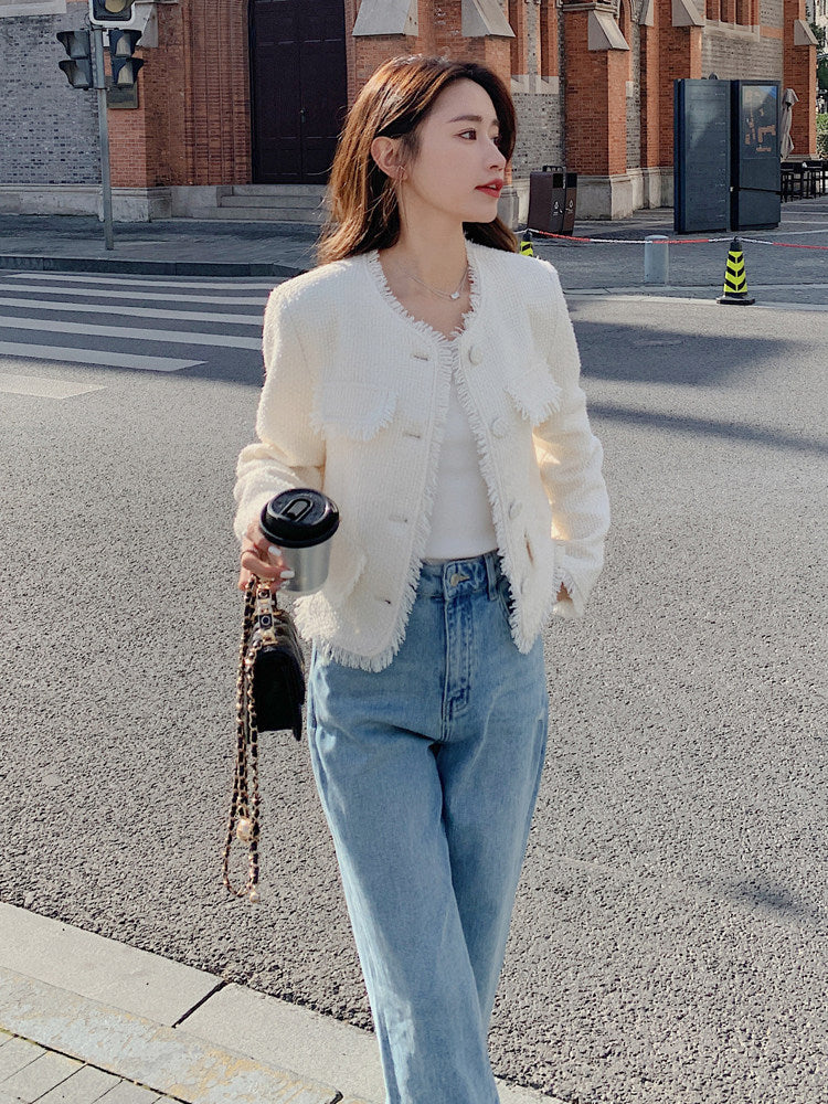 Fringe No-Collar Tweed Jacket QAZ0040