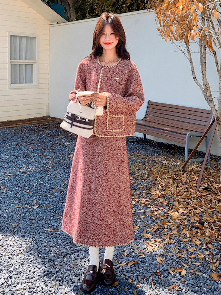 Red Wool Tweed Jacket / Long Skirt QAZ0046